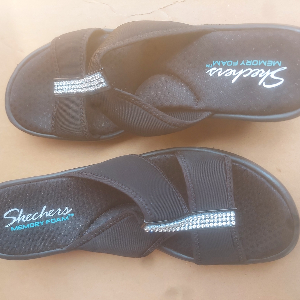 Skechers Women's Black Sandals with Rhinestone Detail